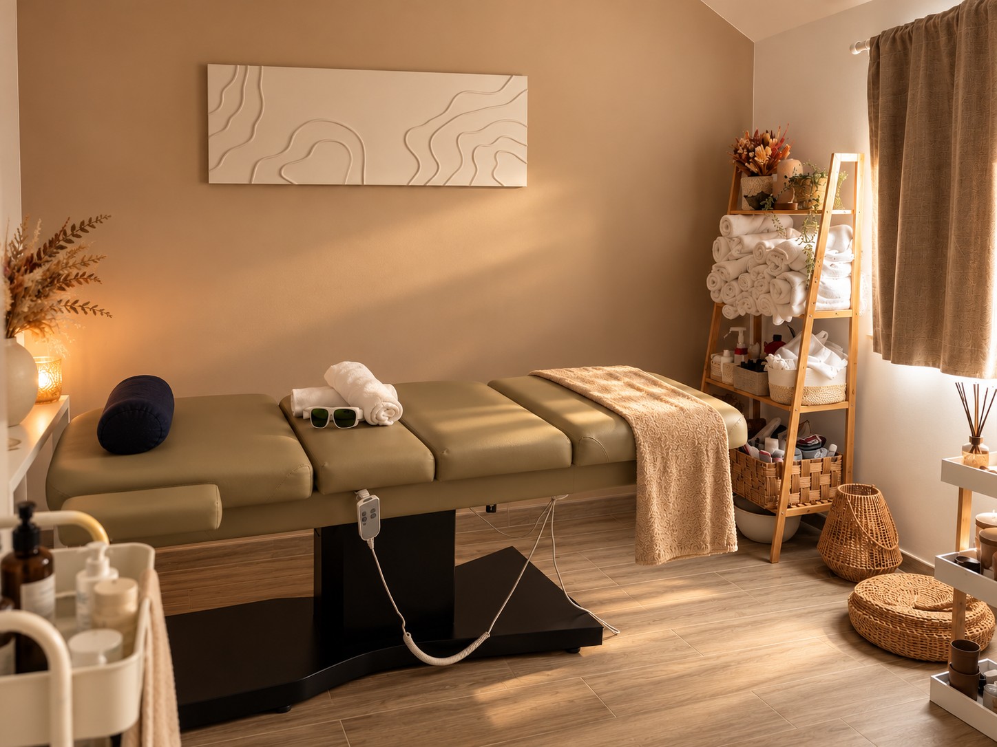 Cabine de soins de JJ Nursy, dans des tons beige et taupe